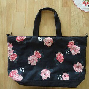 VICTORIA'S SECRET Classic Canvas Tote Bag Black Pink Roses